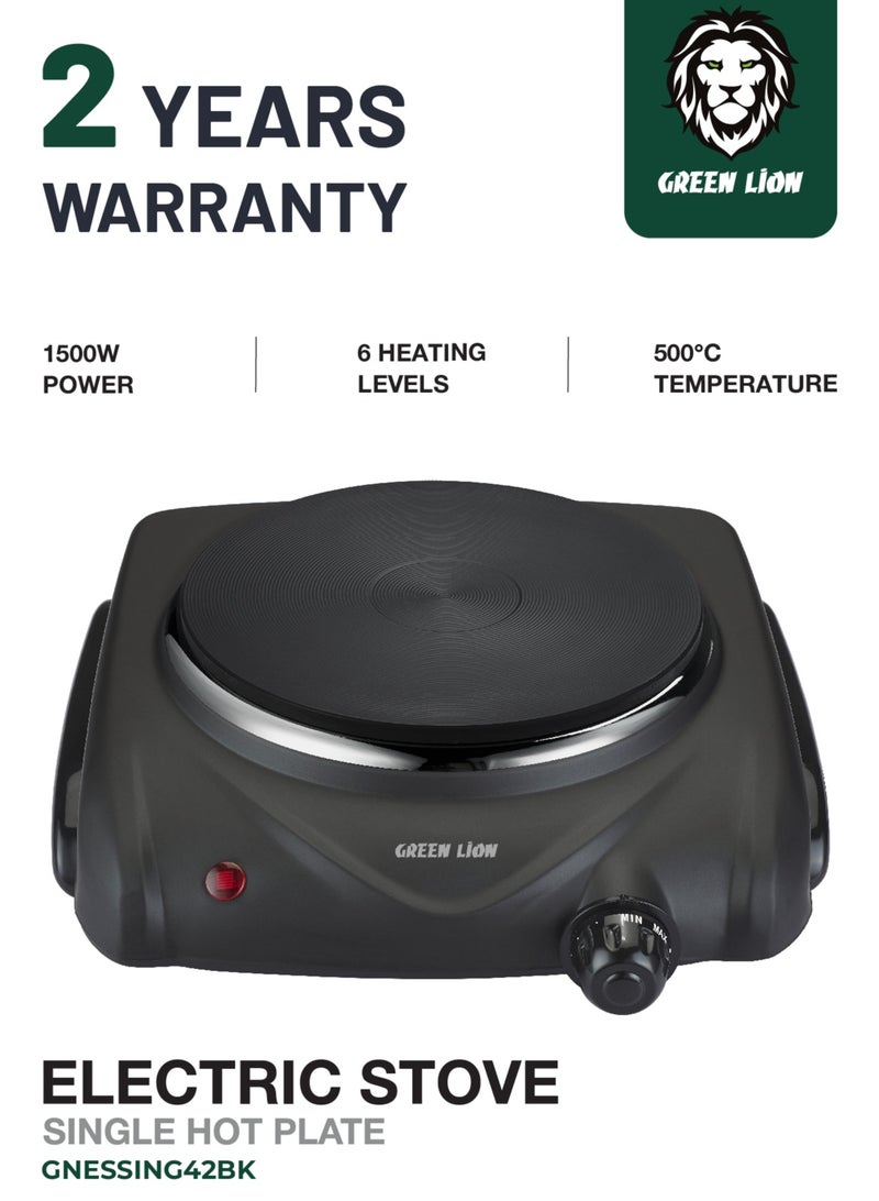 جرين ليون موقد كهربائي ذو صفيحة تسخين واحدة و6 مستويات طاقة قابلة للتعديل بقوة 1500 وات / الحد الأقصى للمستوى 450-500 درجة مئوية / تسخين صفيحة حديدية / التحكم في درجة الحرارة / قاعدة مضادة للانزلاق - أسود - Image 1