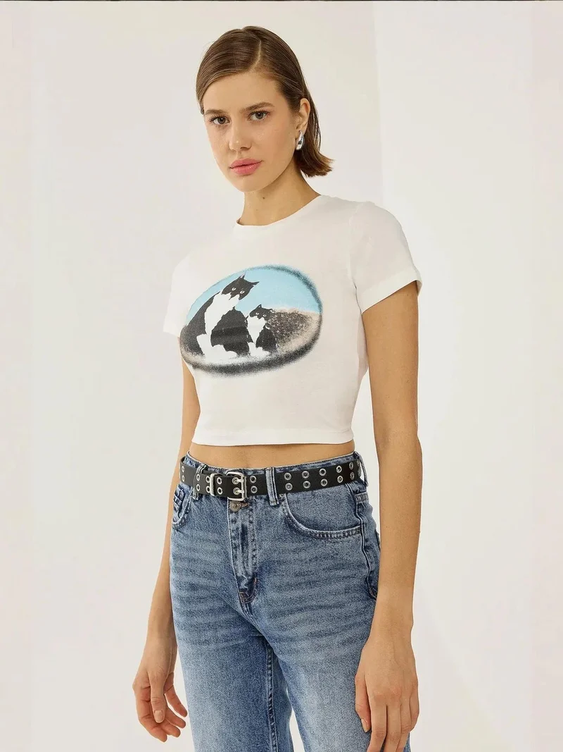 HICCUP Printed Cotton Crop T-Shirt