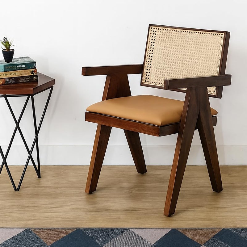 X went Furniture Sheesham Wood Arm Chair with Cushion and Cane Back Support Chair Living Room Bedroom Home Wooden Armchair Furniture Garden Balcony Outdoor & Indoor (Camel seat) - Image 5