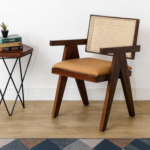 X went Furniture Sheesham Wood Arm Chair with Cushion and Cane Back Support Chair Living Room Bedroom Home Wooden Armchair Furniture Garden Balcony Outdoor & Indoor (Camel seat) - Image 1