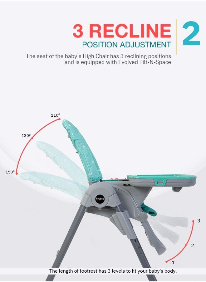 BAYBEE 2 in 1 Baby High Chair for Kids Feeding with 7 Height Adjustable Recline Footrest Baby Chair Booster Seat with Food Tray Belt Kids High Chair for Baby 6 Months to 4 Years Boy Girl Green  - Image 3