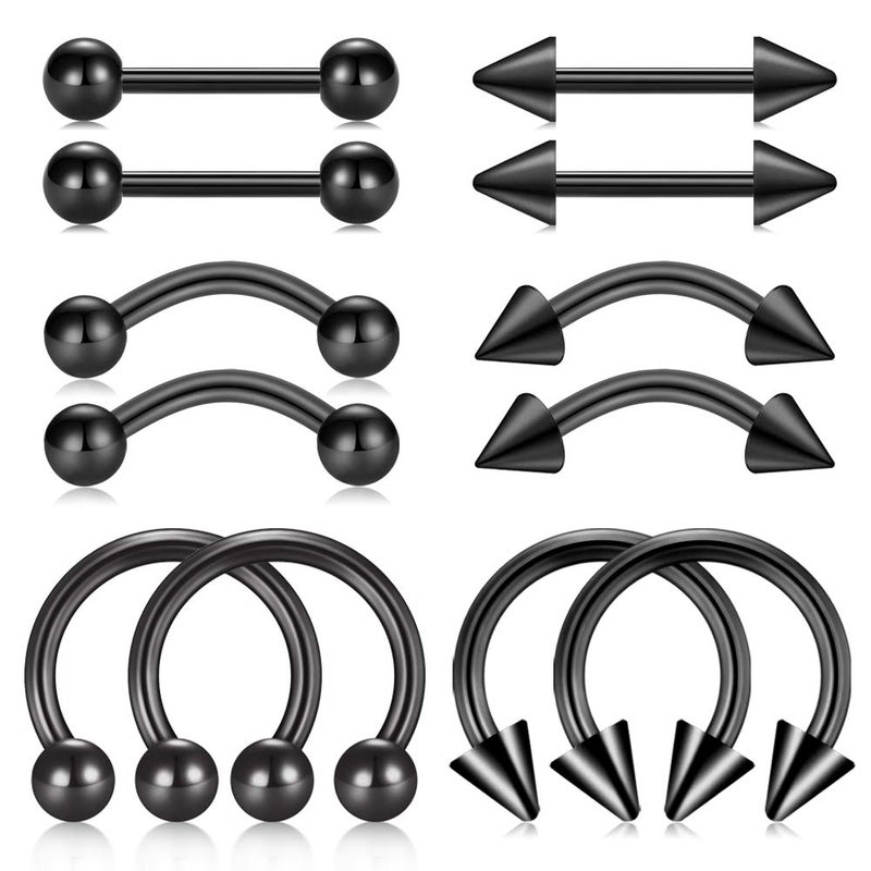 FECTAS 14G Straight Curved Horseshoe Barbells Snake Eyes Tongue Rings Nipplerings Belly Eyebrow Ring Black Stainless Steel Piercing Jewelry Pack 12pcs - Image 1