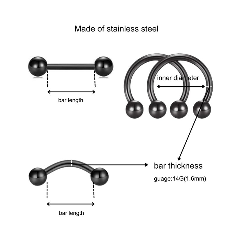 FECTAS 14G Straight Curved Horseshoe Barbells Snake Eyes Tongue Rings Nipplerings Belly Eyebrow Ring Black Stainless Steel Piercing Jewelry Pack 12pcs - Image 2