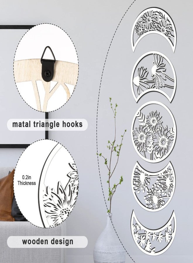 جيتك مجموعة جيتك المكونة من 5 قطع من ديكورات مراحل القمر المعلقة على الحائط فوق السرير، ارتفاع 10.6 بوصة، ديكور خشبي بوهيمي لمراحل القمر، مناسب لغرفة المعيشة وغرفة النوم والديكور المنزلي والشقة والبار (أبيض) - Image 3