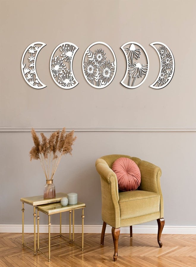 جيتك مجموعة جيتك المكونة من 5 قطع من ديكورات مراحل القمر المعلقة على الحائط فوق السرير، ارتفاع 10.6 بوصة، ديكور خشبي بوهيمي لمراحل القمر، مناسب لغرفة المعيشة وغرفة النوم والديكور المنزلي والشقة والبار (أبيض) - Image 5