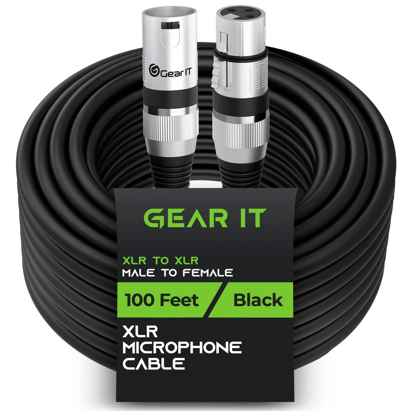 GearIT كابل ميكروفون GearIT XLR إلى XLR (100 قدم، 1 عبوة) كابل ميكروفون XLR ذكر إلى أنثى 3 دبابيس متوازن ومحمى للاستخدام مع خلطات الميكروفون، استوديو التسجيل، البودكاست - أسود، 100 قدم، 1 عبوة - Image 1