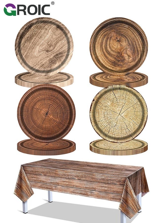 GROIC 80 pcs Wood Grain Paper Plates 7" , Rustic Wood Slice Plate,  Round Disposable Dinner Dish for Woodland,  Baby Shower Lumberjack Birthday Party Supplies + 1 Pc Light-colored 137*274 cm tablecloth - Image 1