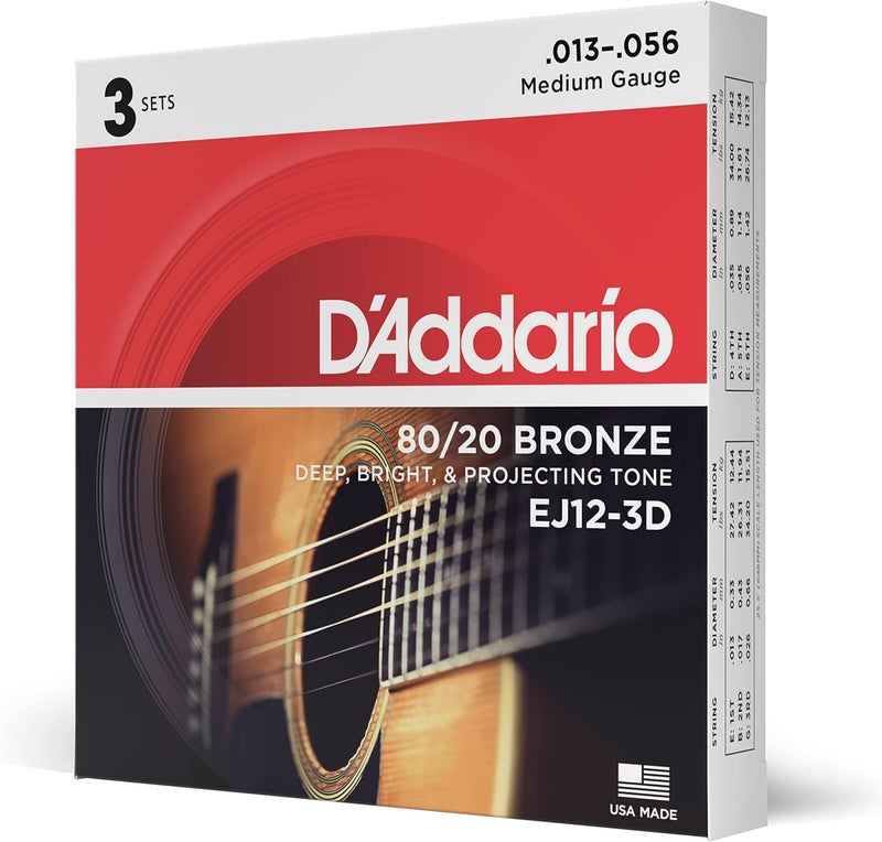D'Addario Cleaner resistant Guitar Strings - Acoustic Guitar Strings - 80/20 Bronze - For 6 String Guitar - Deep, Bright, Projecting Tone - EJ12-3D - Medium, 13-56 - 3-Pack Worldwide popular practical build - Image 1