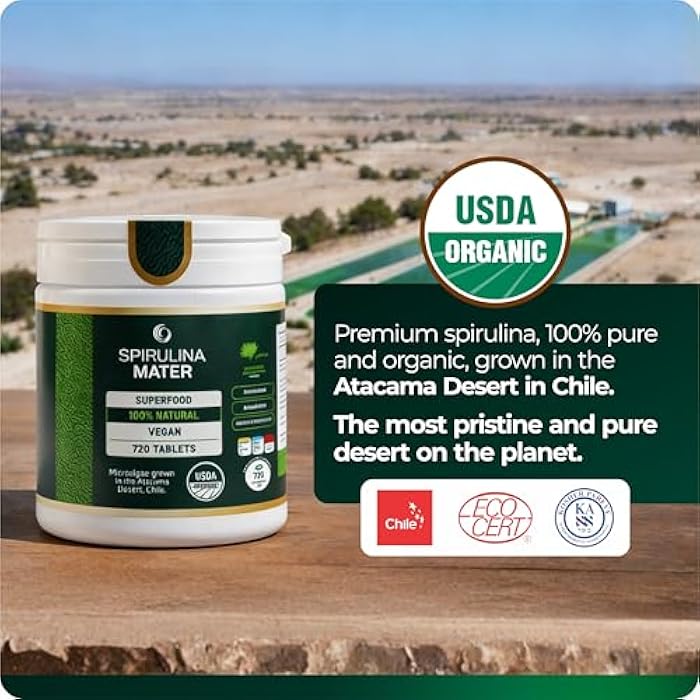SpirulinaMater USDA Organic Spirulina Tablets, Atacama Desert Grown Superfood, Nutrient-Dense Algae Supplement for Daily Wellness, 720 Tablets - Image 2