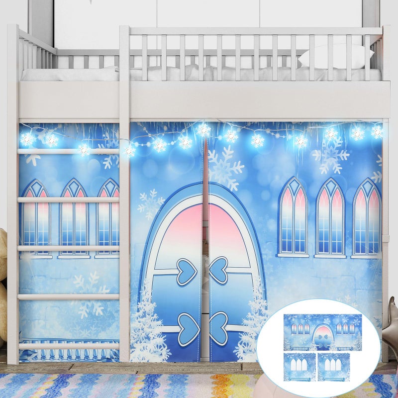 Hahafelt Loft Bed Tent Curtain Set for Low TwinBunk Bed Curtains Princess Play Tent with Enchanting Snowflake Lights Winter Party Decoration for Indoor  Outdoor Play