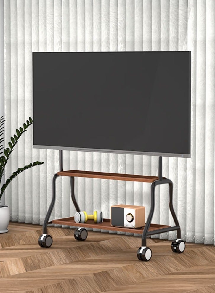 2-Tier Universal Metal Mobile TV Stand, Wood Moveable TV Cart Easel, Height Adjustable Rolling TV Stand, Portable Floor TV Mounts for 32 to 75 with 360° Wheels, Wood Storage Rack