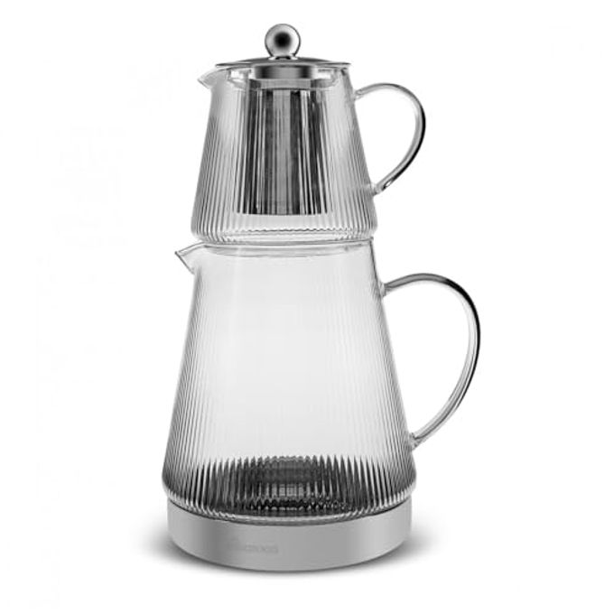 Karaca Keops Turkish Teapot with Infuser and Lid (450 ml Tea Pot & 1500 ml Induction Kettle) - Borosilicate Glass Teapot Set for Stovetops - Clear Tea Maker with 10-15 Cups Capacity