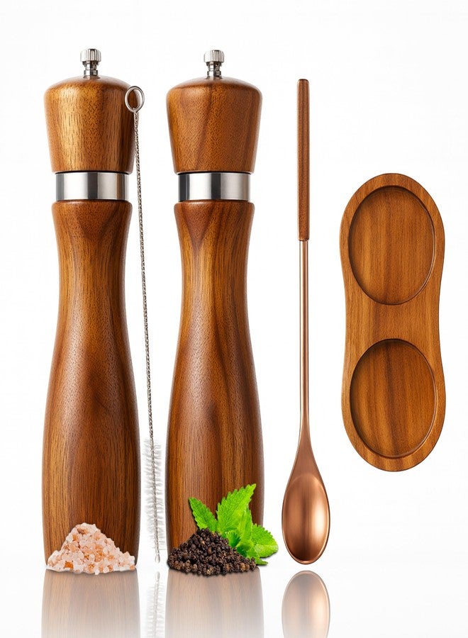 GOOHERA Premium Acacia Wood Salt & Pepper Grinder Set, 8-Inch Manual Mills with Adjustable Coarseness, Ceramic Core, Matching Tray, Spoon & Cleaning Brush - 2 Pack - Image 1