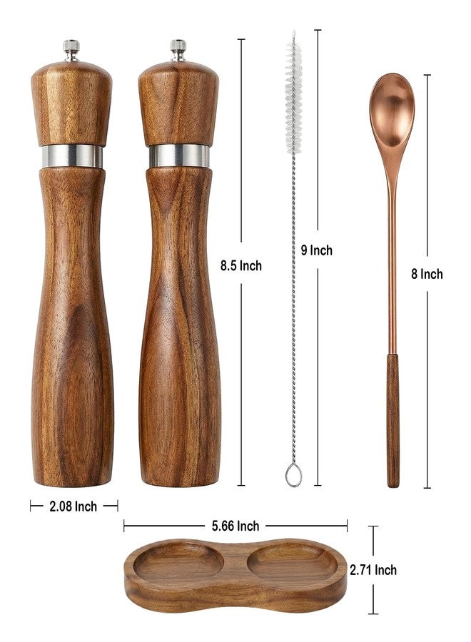 GOOHERA Premium Acacia Wood Salt & Pepper Grinder Set, 8-Inch Manual Mills with Adjustable Coarseness, Ceramic Core, Matching Tray, Spoon & Cleaning Brush - 2 Pack - Image 3