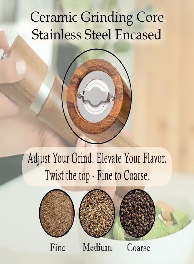 GOOHERA Premium Acacia Wood Salt & Pepper Grinder Set, 8-Inch Manual Mills with Adjustable Coarseness, Ceramic Core, Matching Tray, Spoon & Cleaning Brush - 2 Pack - Image 5