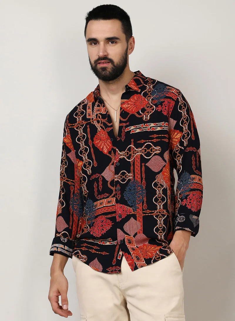 كامبوس سوترا Men's Crimson Red & Navy Blue Artistic Block Shirt For Casual Wear | Spread Collar | Long Sleeve | Button Closure | Shirt Crafted With Comfort Fit For Everyday Wear