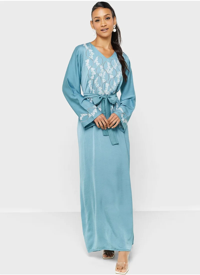 hayas closet Embroidered Belted Jalabiya