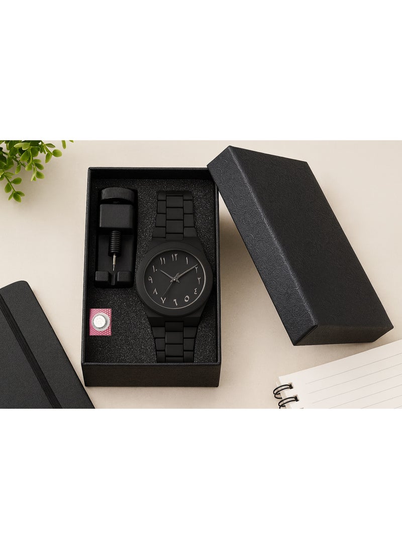 ايرس ساعة تناظرية بسيطة بأرقام عربية - مزودة ببطارية إضافية وأداة لإزالة وصلة سوار الساعة | ساعة يد أنيقة باللون الأسود غير اللامع للعمل، والارتداء اليومي. - Image 1