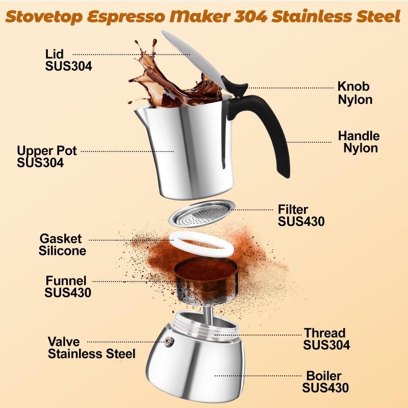 Vaolvpant No Coating 4 Cup Thickened 304 Stainless Steel Moka Pot Stovetop Espresso Maker Italian Coffee Machine 200ml 6.8oz Suitable for Gas Induction Stovetop Greca Coffee Maker Percolator - Image 3