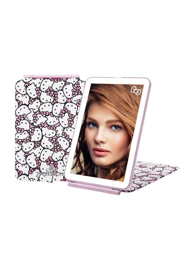 ايبريشنس ڤانيتي . كومباني مرآة مكياج صغيرة Tritone مع لوحة لمس صغيرة من Impressions Vanity Hello Kitty مع غطاء قلاب مطبوع وشريط LED ومرآة زينة للسفر مع مفتاح مستشعر يعمل باللمس وامتداد USB (أبيض/وردي) - Image 1