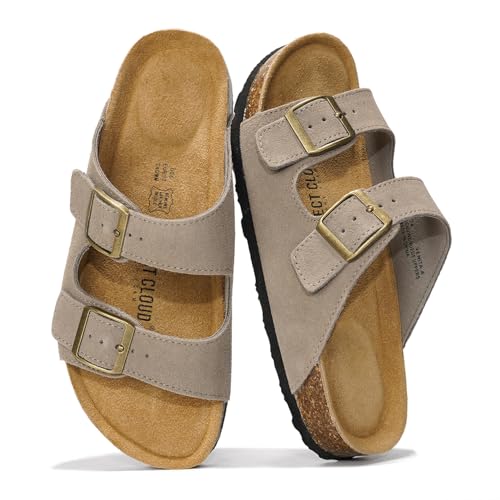 Project Cloud صنادل مسطحة نسائية من جلد طبيعي من مشروع كلاود 2025 أساسيات الشاطئ صنادل نسائية من فوم الذاكرة أساسيات العطلات للنساء (فينيتا، رمادي، 8.5) - Image 1