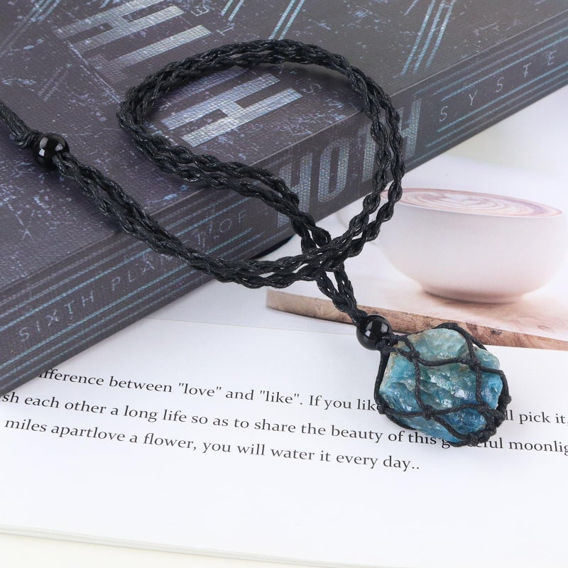Anjiucc Natural Raw Gemstone Crystal Pendant Necklace Stone Holder Hand-Woven Necklace with Adjustable Length for Women Men(Blue apatite) - Image 3