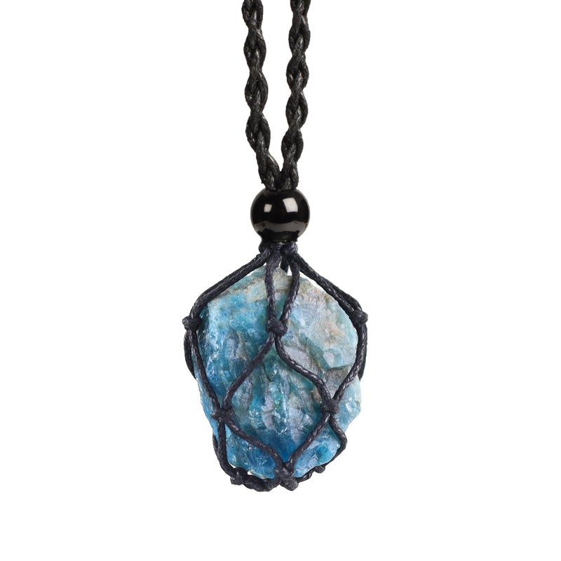 Anjiucc Natural Raw Gemstone Crystal Pendant Necklace Stone Holder Hand-Woven Necklace with Adjustable Length for Women Men(Blue apatite) - Image 1