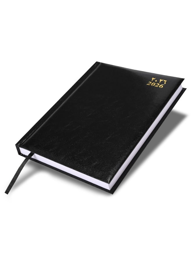 FIS مفكرة A5 2026، بحجم 148x210 مم، غلاف فينيل مبطن من جهة واحدة، تنسيق يوم في صفحة، ورق أبيض 60 جرام، إنجليزي/عربي، غلاف أسود - FSDI18AE26BK - Image 1