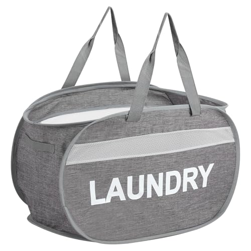 Bemkoo Collapsible Laundry Baskets, Foldable Clothes Hamper with Reinforced Handles, Sturdy Pop Up Hampers for Laundry, Tear Proof & Easy to Carry Laundry Hamper for Home, Apartment, Dorm, Travel Grey - Image 1