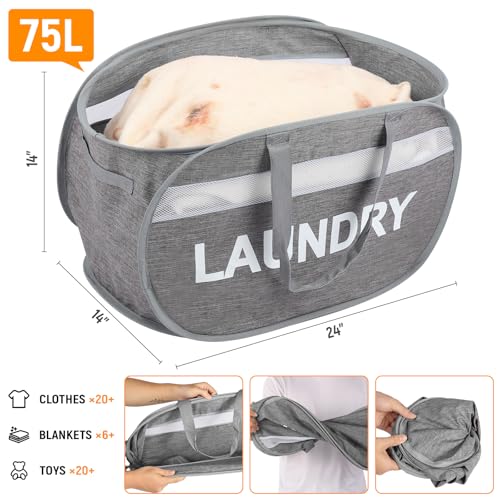 Bemkoo Collapsible Laundry Baskets, Foldable Clothes Hamper with Reinforced Handles, Sturdy Pop Up Hampers for Laundry, Tear Proof & Easy to Carry Laundry Hamper for Home, Apartment, Dorm, Travel Grey - Image 5