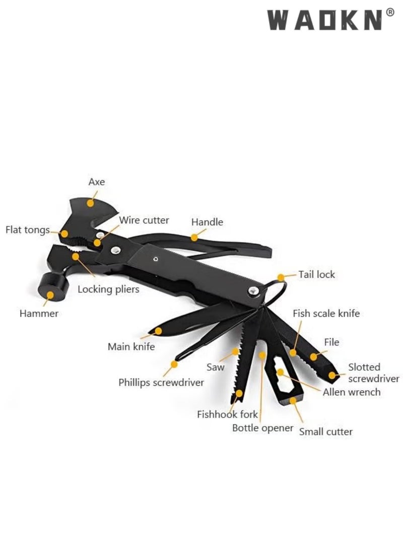 WAOKN Multifunctional Camping Hammer Axe, 16-in-1 Emergency Survival Multitool, Black Folding Outdoor Hiking Gear with Mini Knife, Saw, Screwdrivers, Hatchet, Plier, Wire Cutter, Bottle Opener, Fish Scale Tool, Ideal for Camping, Hiking, Fishing, Car Emergency, Home Repair, All-in-One Portable Multi-Tool for Men - Image 3