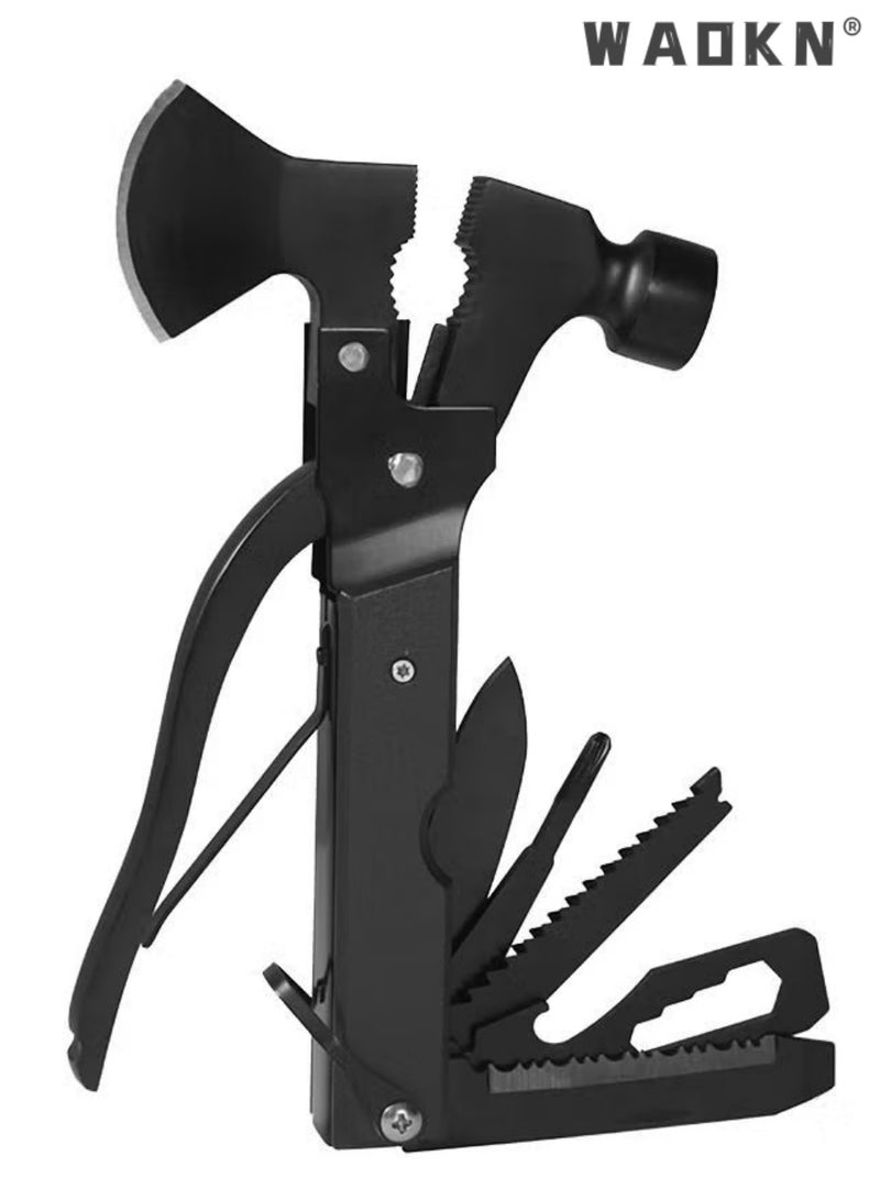 WAOKN Multifunctional Camping Hammer Axe, 16-in-1 Emergency Survival Multitool, Black Folding Outdoor Hiking Gear with Mini Knife, Saw, Screwdrivers, Hatchet, Plier, Wire Cutter, Bottle Opener, Fish Scale Tool, Ideal for Camping, Hiking, Fishing, Car Emergency, Home Repair, All-in-One Portable Multi-Tool for Men - Image 5