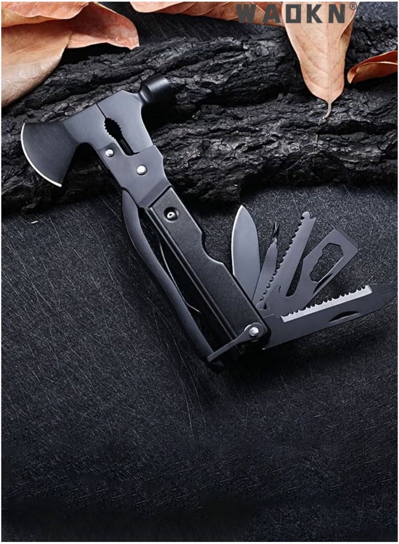 WAOKN Multifunctional Camping Hammer Axe, 16-in-1 Emergency Survival Multitool, Black Folding Outdoor Hiking Gear with Mini Knife, Saw, Screwdrivers, Hatchet, Plier, Wire Cutter, Bottle Opener, Fish Scale Tool, Ideal for Camping, Hiking, Fishing, Car Emergency, Home Repair, All-in-One Portable Multi-Tool for Men - Image 4