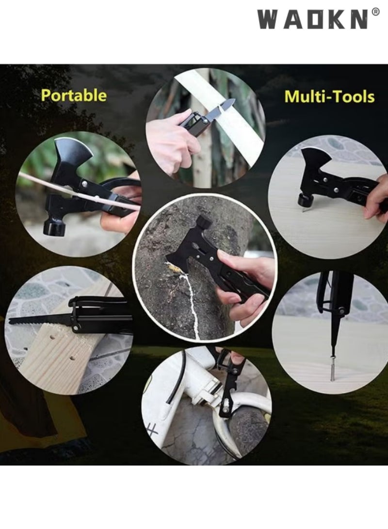 WAOKN Multifunctional Camping Hammer Axe, 16-in-1 Emergency Survival Multitool, Black Folding Outdoor Hiking Gear with Mini Knife, Saw, Screwdrivers, Hatchet, Plier, Wire Cutter, Bottle Opener, Fish Scale Tool, Ideal for Camping, Hiking, Fishing, Car Emergency, Home Repair, All-in-One Portable Multi-Tool for Men - Image 2
