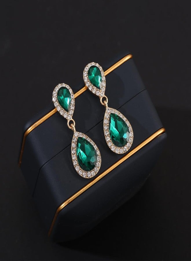 WanBigVa Emerald Green Vintage Rhinestone Teardrop Dangle Earrings Dangling Drop Earrings Fancy Crystal and Gold Chandelier Earrings for Women Wedding Bridal Prom - Image 2