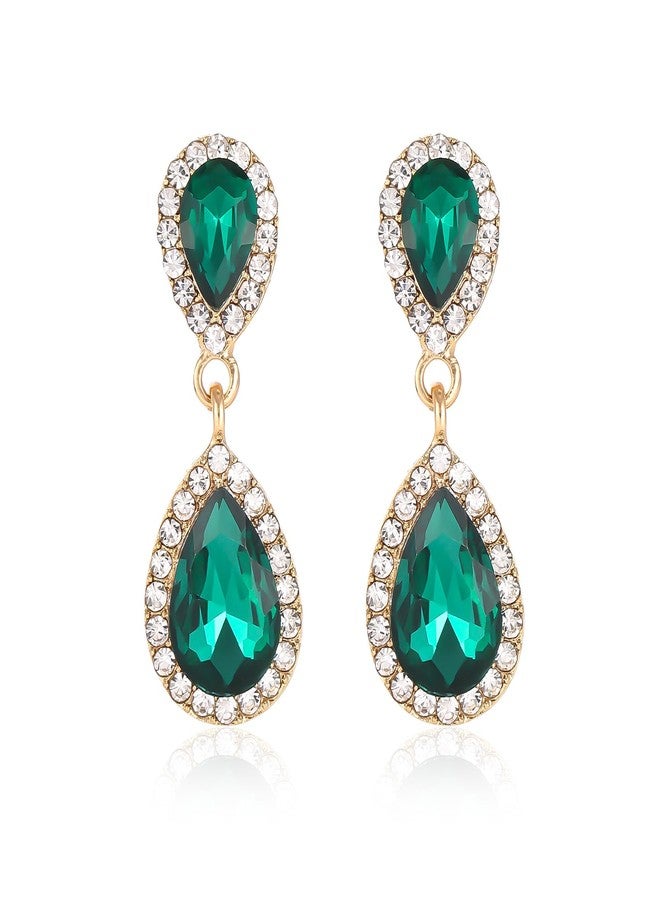 WanBigVa Emerald Green Vintage Rhinestone Teardrop Dangle Earrings Dangling Drop Earrings Fancy Crystal and Gold Chandelier Earrings for Women Wedding Bridal Prom - Image 1