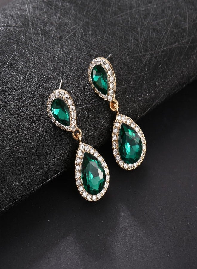 WanBigVa Emerald Green Vintage Rhinestone Teardrop Dangle Earrings Dangling Drop Earrings Fancy Crystal and Gold Chandelier Earrings for Women Wedding Bridal Prom - Image 3