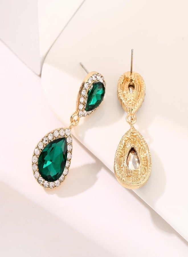 WanBigVa Emerald Green Vintage Rhinestone Teardrop Dangle Earrings Dangling Drop Earrings Fancy Crystal and Gold Chandelier Earrings for Women Wedding Bridal Prom - Image 4