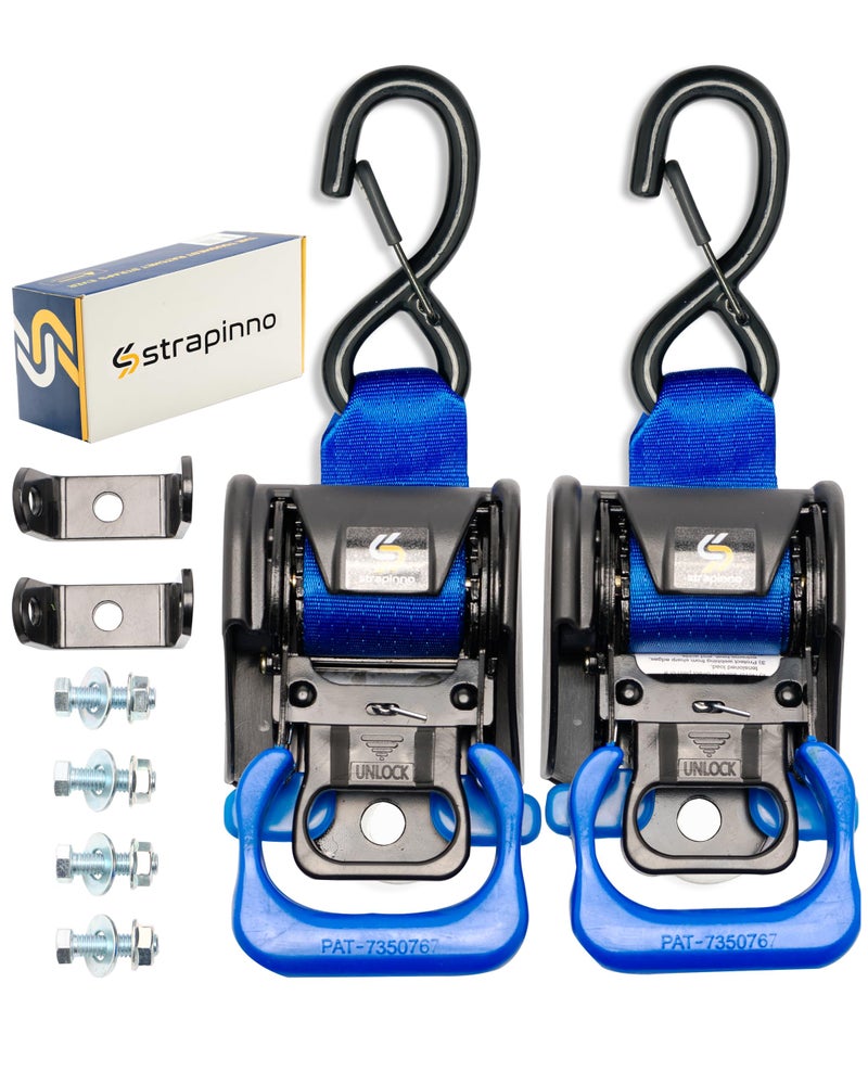 Strapinno 2PCS Retractable Ratchet Straps (1 7/8 in x 4 ft) Heavy Duty Transom Tie Downs for Boat, PWC Trailer - Extra Mounting Brackets & Bolt Set,Safety Latch S-Hook,Break Strength 2,600LBS/1,180KG - Image 1