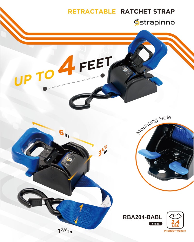 Strapinno 2PCS Retractable Ratchet Straps (1 7/8 in x 4 ft) Heavy Duty Transom Tie Downs for Boat, PWC Trailer - Extra Mounting Brackets & Bolt Set,Safety Latch S-Hook,Break Strength 2,600LBS/1,180KG - Image 3