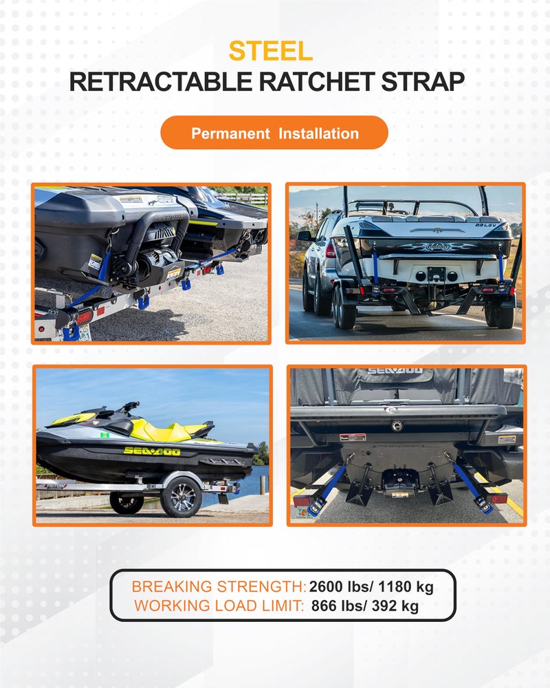 Strapinno 2PCS Retractable Ratchet Straps (1 7/8 in x 4 ft) Heavy Duty Transom Tie Downs for Boat, PWC Trailer - Extra Mounting Brackets & Bolt Set,Safety Latch S-Hook,Break Strength 2,600LBS/1,180KG - Image 5