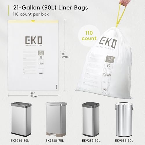 EKO 21 Gallon / 50-90 Liter,110 CountDrawstring Trash Bags, Extra-Strong Unscented Garbage Bags, Easy-Dispense Roll for Kitchen & Household Use, Resists Tears, Leaks and Punctures, Code G, White - Image 4