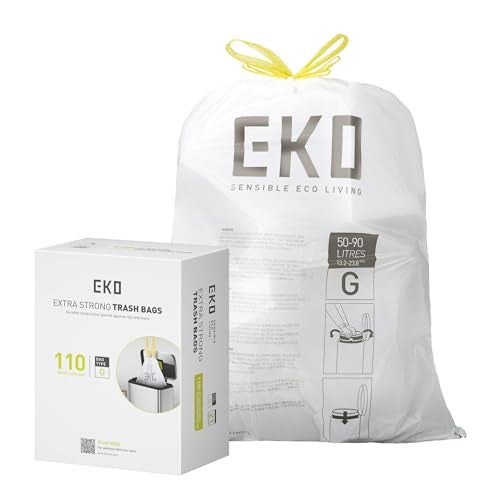 EKO 21 Gallon / 50-90 Liter,110 CountDrawstring Trash Bags, Extra-Strong Unscented Garbage Bags, Easy-Dispense Roll for Kitchen & Household Use, Resists Tears, Leaks and Punctures, Code G, White - Image 1
