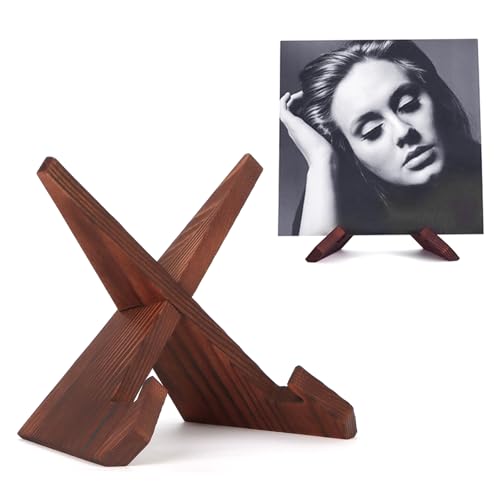 PUERSI Now Playing Vinyl Record Stand, Wooden Display Vinyl Holder Stand, Retro Now Spinning Record Accessories - Rustic Brown - Image 1