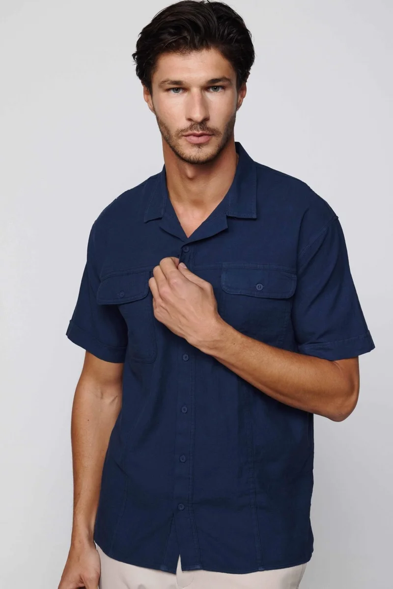 Tudors Relax Fit Oversize Short Sleeve Double Pocket Cotton Open Collar Navy Blue Shirt