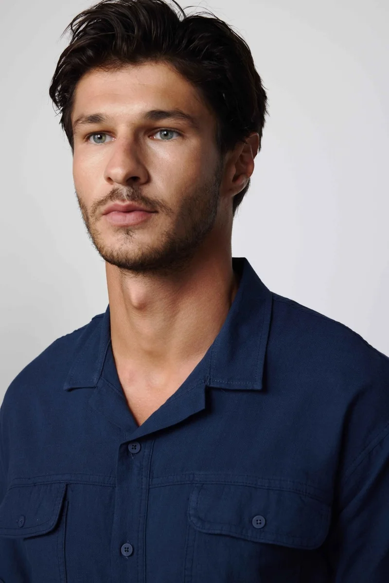 Tudors Relax Fit Oversize Short Sleeve Double Pocket Cotton Open Collar Navy Blue Shirt