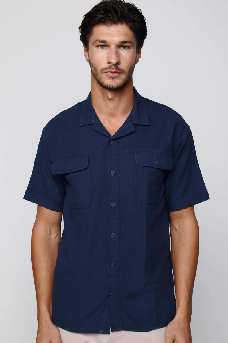 Tudors Relax Fit Oversize Short Sleeve Double Pocket Cotton Open Collar Navy Blue Shirt