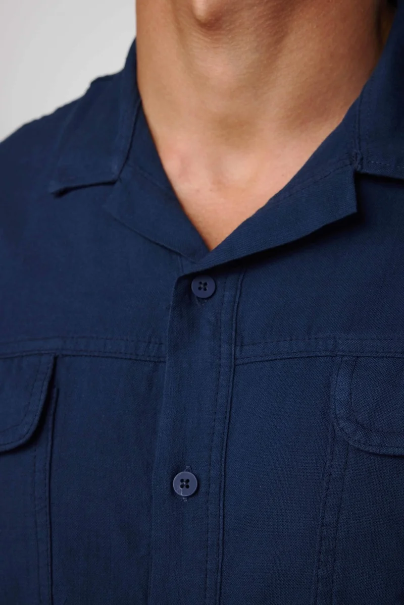 Tudors Relax Fit Oversize Short Sleeve Double Pocket Cotton Open Collar Navy Blue Shirt