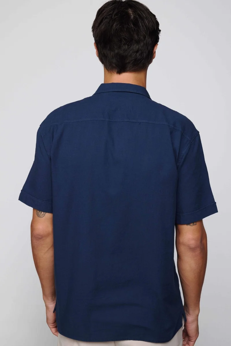 Tudors Relax Fit Oversize Short Sleeve Double Pocket Cotton Open Collar Navy Blue Shirt