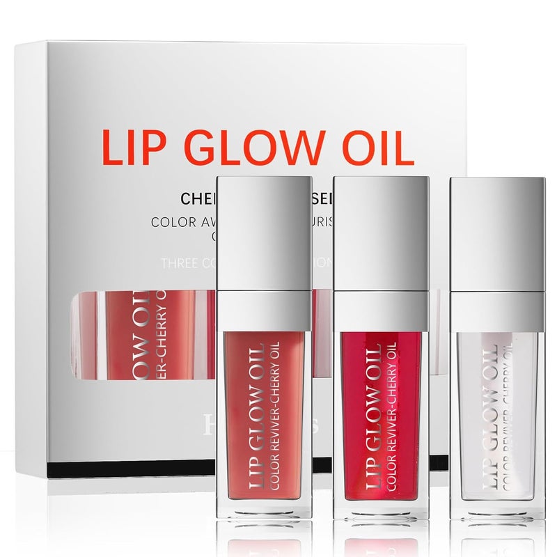 Loobexery 3 Color Plumping Lip Oil 3IN1 Hydrating Lip Gloss Tinted Lip Balm Transparent Toot Lip Oil Big Brush Head Glitter Shine Long Lasting Moisturizing Lip Glow Oil Nourishing Nonsticky C